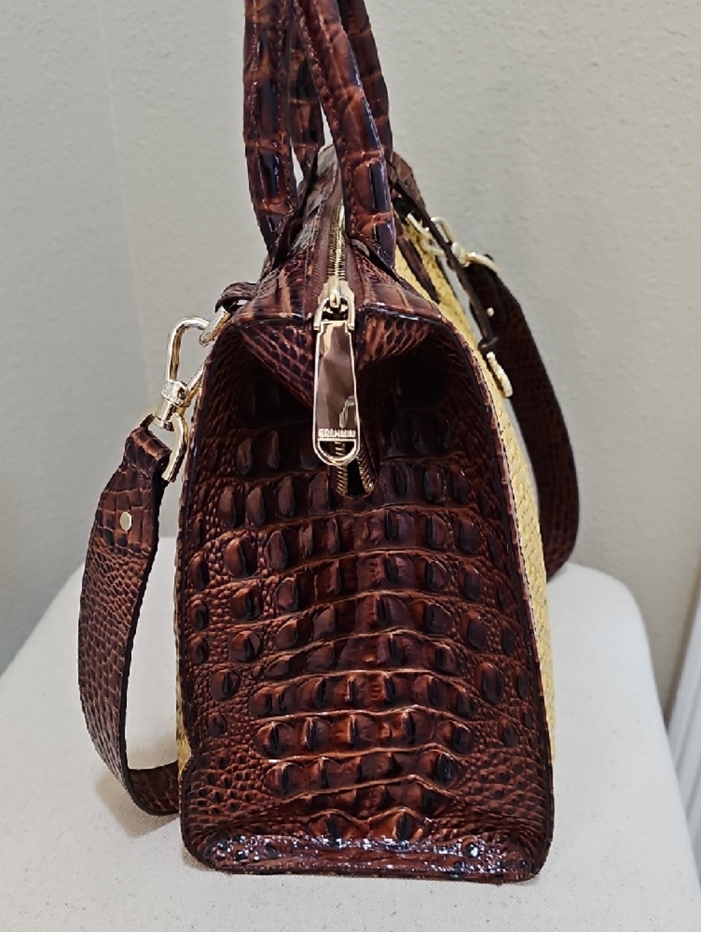 Brahmin Tan Straw Satchel with Brown Faux-Croc Trim - Picture 4 of 11